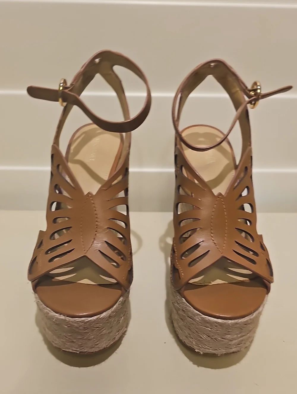New Michael Kors Tan Cutout Leather Platform Espadrille Sandals